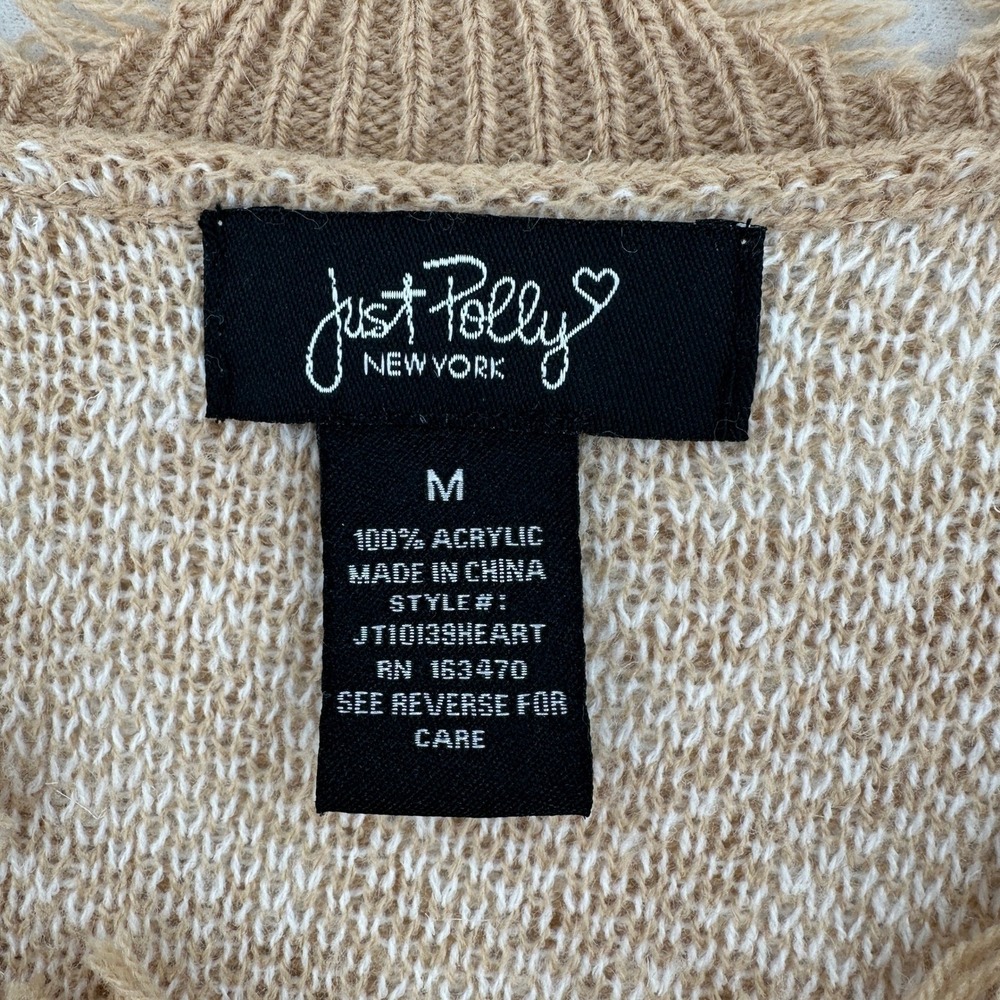 Just Polly Rose Heart Print Women M Distressed Cropped Ribbed Sweater Tan White - Picture 4 of 6